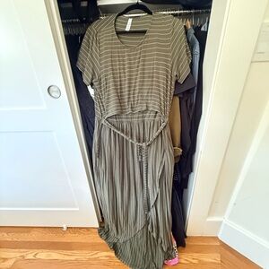 Latched Mama Olive Striped Short-Sleeve Maxi Dress with Tie Waist